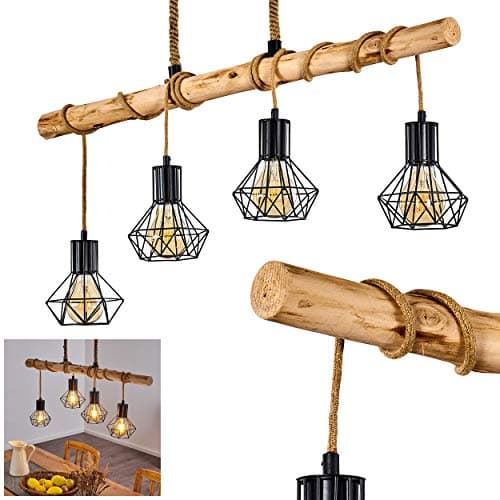 Image of Bardhaman Pendant Light, Hanging lamp Made of Metal/Wood/Cord in Black/Natural, 4-Light, 4 x E27, Pendant Light with Wooden Beam in Retro/Vintage Design, Height max. 173 cm, Without Bulbs