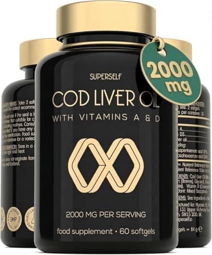 Image of Cod Liver Oil Capsules High Strength 2000mg - Rich in EPA DHA Omega 3 & Vitamins D and A - 60 Softgel Tablets - 1000mg Arctic Cod Liver Oil per Capsule - Odourless & Burp-Free Fish Oil - UK Made