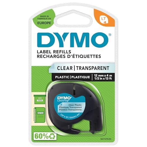 Image of Dymo S0721530 LetraTag Plastic Tape Black On Clear, 12mm x 4m Size