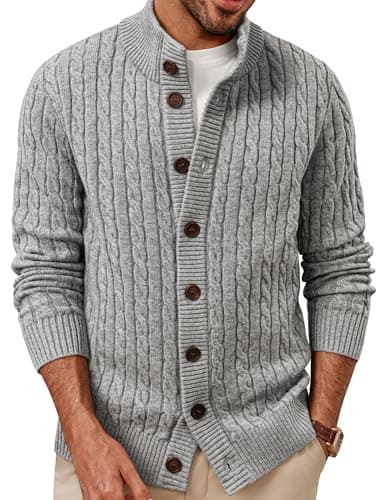 Image of PJ PAUL JONES Mens Knitted Cardigan Button Down Cable Ribbed Stand Collar Warm Sweaters Jacket Gray XL