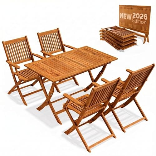 Image of CASARIA® Garden Furniture Set NEW 2026 Model: Extra-Stable Table with Reinforcing Strip, 5-Piece FSC®-Certified Acacia Wood | 4 Foldable Chairs with Armrests | Wooden Outdoor Furniture Set