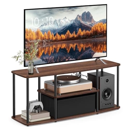 Image of SONGMICS HOME Superfast Toolless Assembly, TV Stand for TVs up to 50 Inches, TV Cabinet Table Unit, Living Room, 110 x 35 x 46 cm, Shelves, Natural Walnut and Ink Black LTV500K01