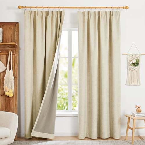Image of Deconovo Faux Linen Full Blackout Pencil Pleat Curtains for Bedroom Living Room Linen 46 x 54 Inch(Width x Length) One Pair