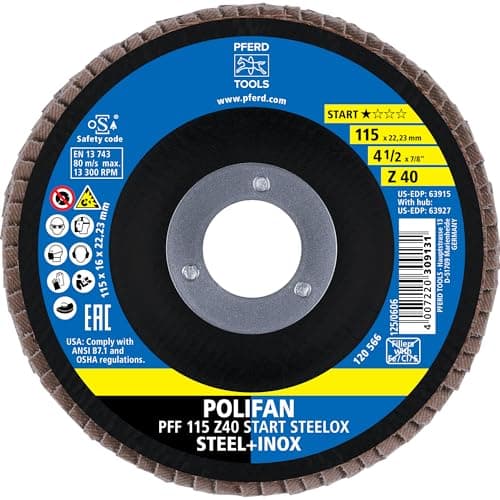 Image of PFERD Z Start STEELOX Flap Disc, 4-1/2" Diameter, 7/8" Arbor, 60 Grit, Type 27, Flat, Zirconia – Use on Steel & Stainless Steel (Pack of 10) - Part 63916