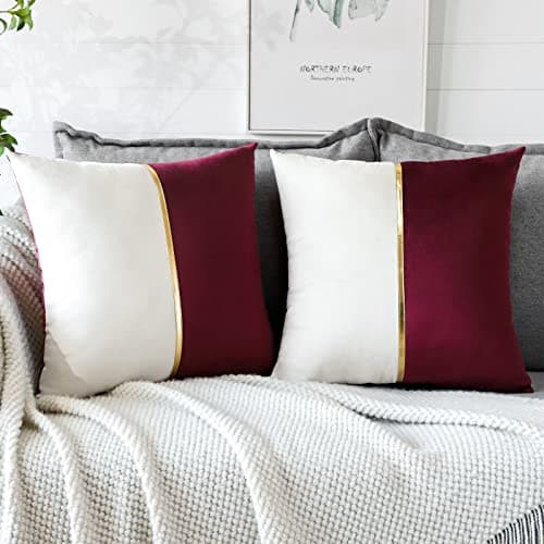 Image of Artscope Wine Red White Velvet Cushion Covers with Gold Leather Patchwork Luxury Modern Minimalist Square Pillowcase Throw Pillow Covers for Living Room Bed Couch Sofa 45x45cm Set of 2