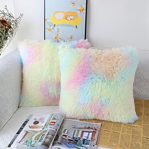 Image of OYIMUA Set of 2 40 x 40cm Faux Fur Fluffy Cushion Covers Soft Throw Pillow Case 16x16 Rainbow Decorative Square Plush Pillowcase for Livingroom Sofa Bedroom