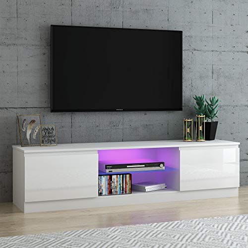Image of Panana Modern TV Unit Cabinet Stand LED Cupboard 160CM Matt Body and High Gloss Front (White) (White)