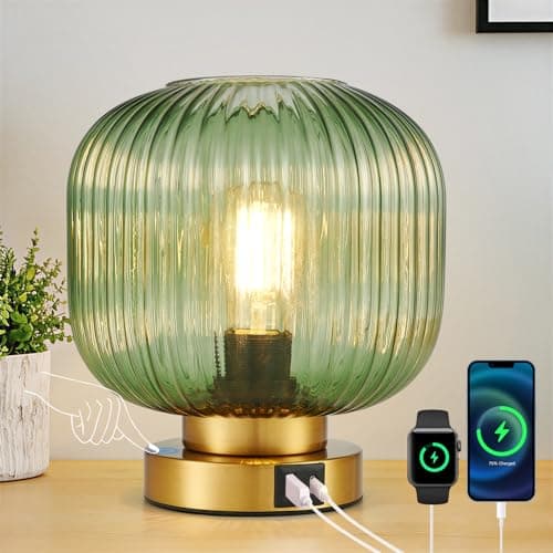 Image of HARPER LIVING Table Lamp with USB-C & USB-A Charging Ports, Touch Control Dimmable Desk Lamp, Green Glass Shade & Brass Base Bedside Light for Bedroom Office Study, E27 Cap Type No Bulb