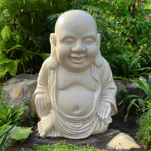 Image of LOVETRENDS Sitting Buddha Statue (12" / 30cm) - Beige Happy & Plump Garden Ornament – Perfect for Home & Garden Decor, Meditation Spaces, Zen Altars, Spiritual Gifts, and Outdoor Display