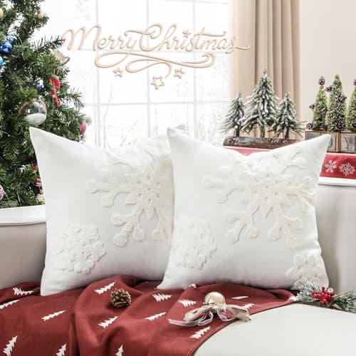 Image of Lewondr Christmas Throw Pillow Cover, 2 Pack Snowflake Embroidery Decorative Throw Pillow Case Linen Sofa Cushion Cover for Party Thanksgiving Day Xmas Decor 16"x16"(40x40cm) - White