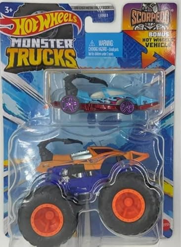 Image of Hot Wheels Monster Trucks Orange Scorpedo + Bonus Car 2024 Diecast 1:64 Scale Toy 2 Pack