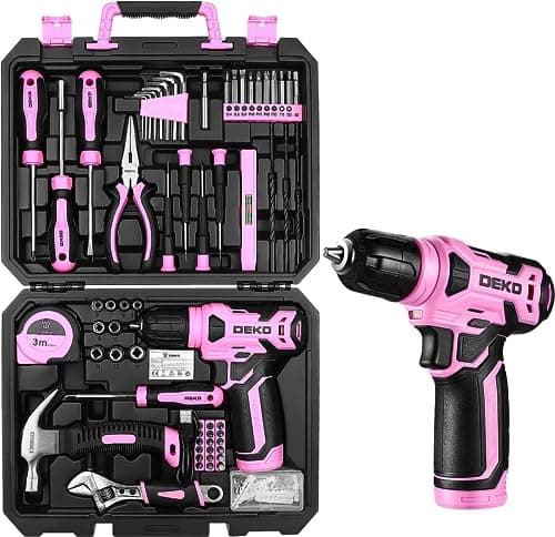 Image of DEKO Pink Tool Kit: 126-Piece DIY Set with 8V Cordless Drill, Electric Drills & Hand Tools for Women