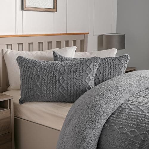 Image of OHS Cable Knit Sherpa Fleece Duvet Set, Winter Double Bedding Super Soft Warm Quilt Covers with Pillowcases Bedding Double Reverse Fur Fleece Duvet Covers - Grey