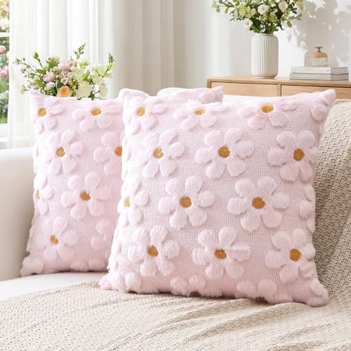 Image of Artscope Spring Summer Cushion Covers Set of 2 Flowers Throw Pillow Covers for Sofa 50x50cm Square Seasonal Soft Plush Short Wool Velvet Cushion Case Holiday Decor Pink