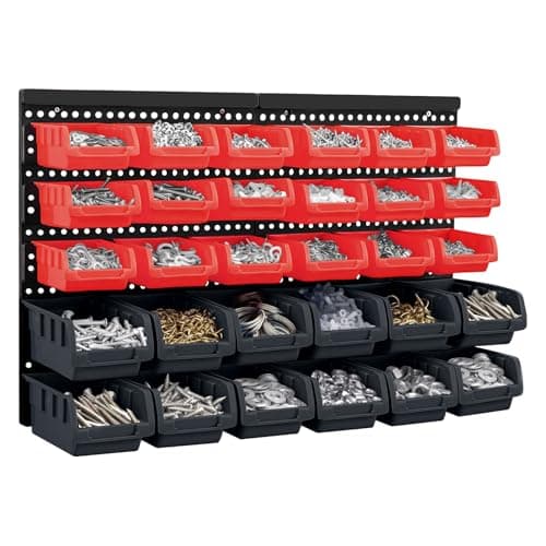 Image of EVERGOODS 30Pcs Wall Mounted Storage Bins Backboard DIY Stackable Workshop Storage for Tools Hardwares Crafts 64 x 41cm Plastic Bin Panel Rack with Screws for Tool Shed Garage Workshop (Red+Black)