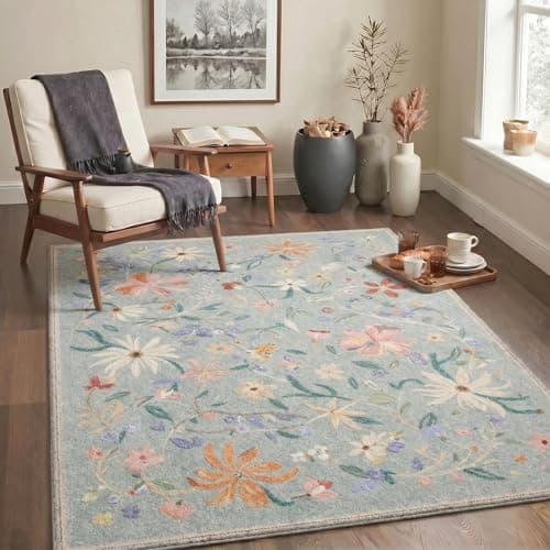 Image of GENIMO Washable Rug Floral Teal Bloom Spill Resistant Bedroom Rug 120x170cm Quick Dry Anti-Slip Large Area Rug