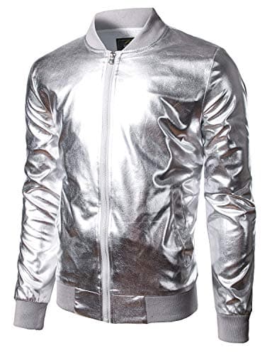 Image of JOGAL Mens Metallic Nightclub Styles Zip Up Varsity Baseball Bomber Jacket Costume Large A300 Silver
