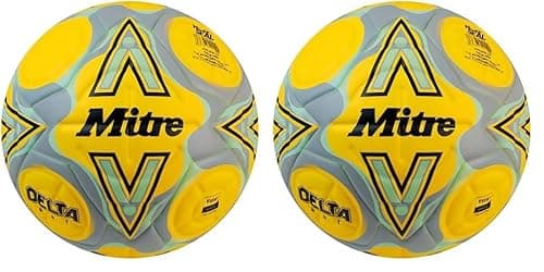 Image of Mitre Delta Football | Highly Durable | Enhanced Accuracy and Consistency, Fluo Yellow/Black/Circular Grey, 5 (Pack of 2)