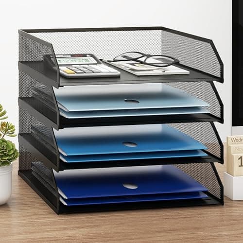 Image of PUNCIA 4 Tiers Widthways Office A4 Paper Storage Organizer Letter Tray Desktop White File Holder Mail Letter Rack & Stackable Support Desk Tidy Document Storage Rack for Home Office School Black
