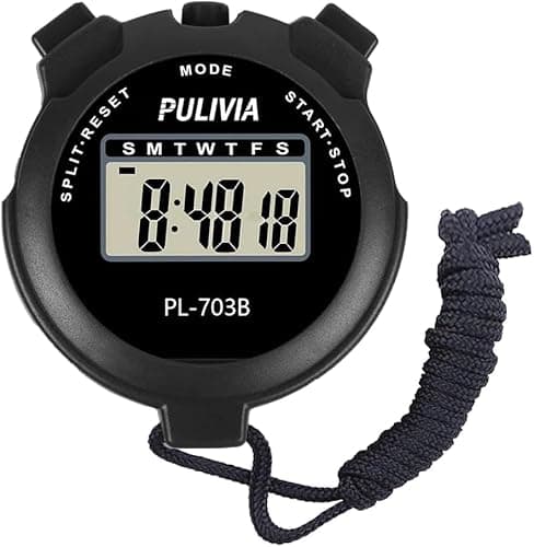 Image of PULIVIA Sports Stopwatch Timer Lap Split Digital Stopwatch with Clock Calendar Alarm, Large Display Shockproof Stop watch for Sports Coaches Swimming Running, Black