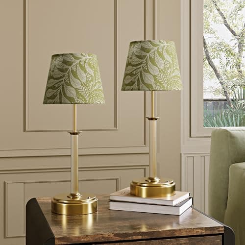 Image of Luxcolyn Rechargeable Table Lamp, Cordless Battery Lamp with Touch Control, Warm Light Dimmable, Gold Table Lamps with Green-Printed Fabric Shade for Bedroom, Living Room, Home Office