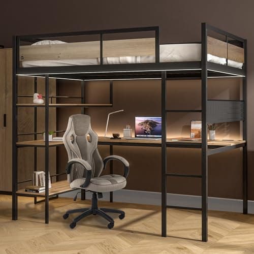 Image of XR Living Denver 4ft6 Double, High Sleeper Bunk Bed - App Controlled LED Lights, Gaming Desk & PC Storage Shelf, Wireless Charging, Sturdy Metal Frame for Kids & Teens - Oak & Black - 135x190cm