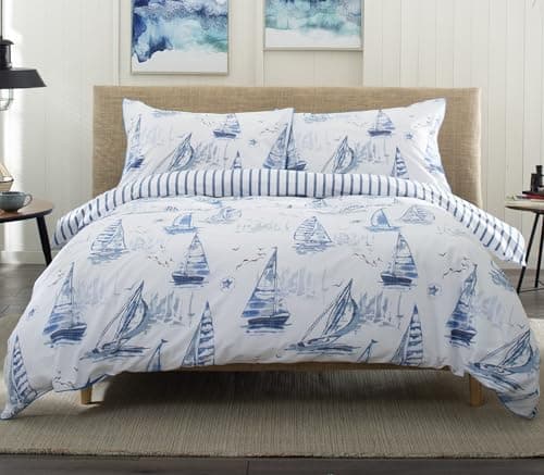 Image of Solent 100% Cotton Duvet Cover Set – Stylish Piped Edge, Hand-Drawn Sailboat Design, Soft Watercolor Blue, Breathable 144-Thread Count, Machine Washable, Single to Super King Sizes [Double-White]