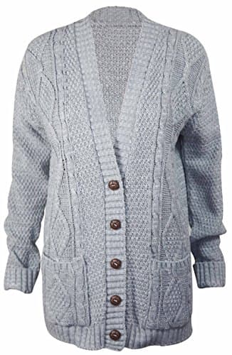 Image of New Womens Everyday Long Sleeve Button Top Ladies Chunky Aran Cable Knit Grandad Cardigan Light Grey Size 12 14