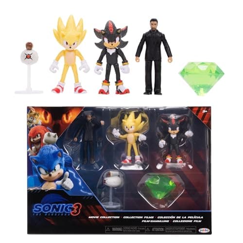 Image of Sonic 3 Movie Multi-Pack 2.5" / 6cm Action Figures by Jakks Pacific, Official SEGA License, Wave 2 Pack Features Super Sonic, Shadow, & Agent Stone, Suggested for Ages 3+