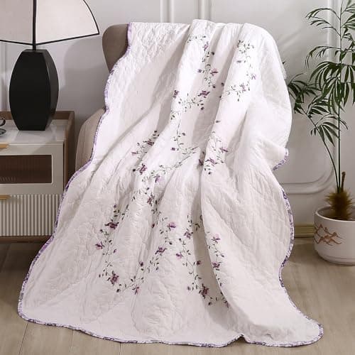 Image of vctops 100% Cotton Quilted Throw Blanket 50x60 Inch Floral Embroidered Reversible Patchwork All Season Throw (Purple,50"x60")