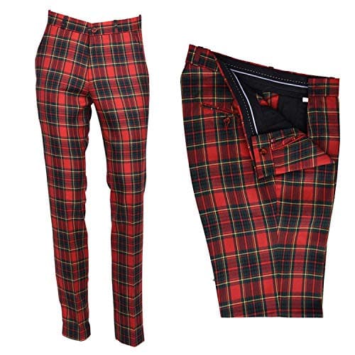 Image of Men's Classic Retro Sta Press Slim Fit Flat Fronted Red Black Green Stewart Tartan Golf Trousers 60s 70s Mod Pants (36" Waist)
