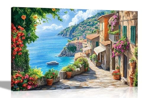 Image of Artley Prints - Mediterranean Seascape View Oil Painting Re-Print Landscape Canvas Prints Wall Art Pictures Living Room Decor 60 x 40cm (24 x 16 inches) A2