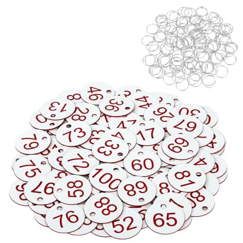 Image of Flintronic 100 PCS Plastic Number with Key Rings, Engraved Numbered Tags, Plastic ID Tag Table Numbers, Discs Number-Tags for Office, Hotel, Mailbox, Dormitory (1-100, White)