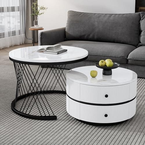 Image of ModernLuxe 2-in-1 Coffee Table, High Gloss Round Nest of Tables, Multi-functional Side Table with Black Metal Frame Legs and Marble Pattern White Top, 2 Storage Drawers, Nesting Tables for Living Room