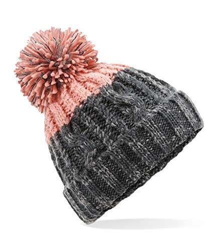 Image of ASVP Shop Corkscrew Cable Knitted Bobble Hat Plain Mens Womens Beanie Warm Winter Pom Wooly Cap (Graphite Grey/Blush)