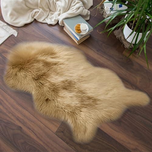 Image of Faux Sheepskin Rug - Faux Fur Rug - Fluffy Small Rugs - Washable Non Slip Soft Shaggy Area Rug - Sheepskin Seat Pads for Living Room Bedroom Kitchen Bathroom Dorm Sofa Floor Decor 60 x 90cm (Brown)
