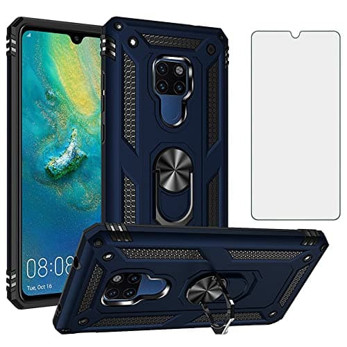 Image of Phone Case for Huawei Mate 20 X with Tempered Glass Screen Protector Cover Stand Ring Holder Shockproof Silicone Heavy Duty Accessories Magnetic Metal Hard Hawaii Hwauei 20x Mate20x Mate20 Blue