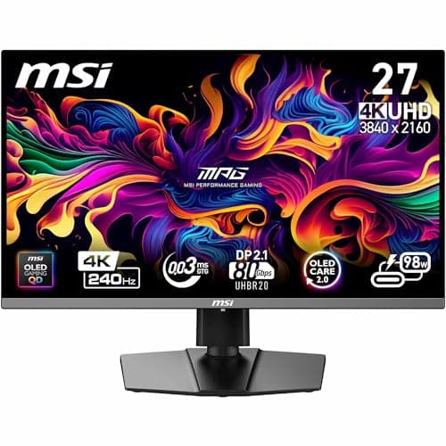 Image of MSI MPG 272URX QD-OLED 27-Inch 4K UHD Gaming Monitor, 3840 x 2160 Quantum Dot Panel, 240Hz, 0.03ms, DisplayHDR True Black 400, G-SYNC Compatible, HDMI 2.1, DP 2.1a, USB C (98W PD)