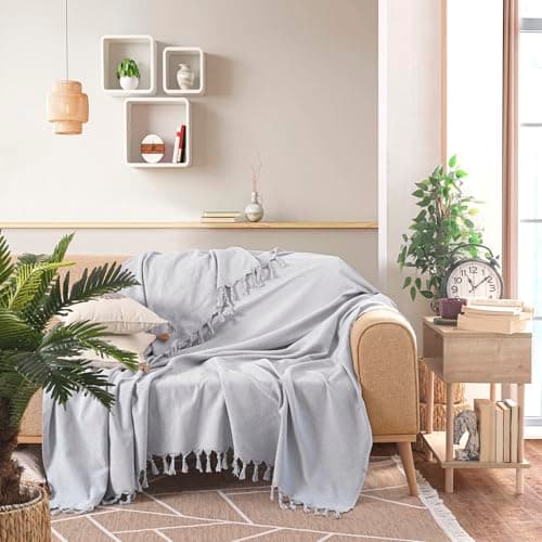 Image of Milam London Cotton Large Throw For Sofas | Beds | Settees | Bed Throw Double Size | Sofa Throws Large 2 Seater | Cotton Blanket | 200 x 230 cm Silver Grey