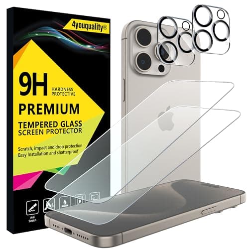 Image of 4youquality [4-in-1 Screen Protector for iPhone 15 Pro Max with Camera Lens Protector, Tempered Glass Film, 2-Pack Each, [LifetimeSupport][Impact-Resistant][Anti-Scratch][Ultra-Transparent]