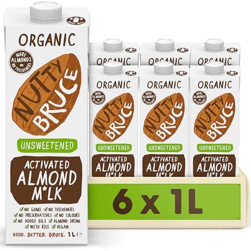 Image of Nutty Bruce - Unsweetened Activated Almond Milk - Certified Organic & Vegan Alternative Milk, No Preservatives, Colours or Added Oils, Lactose Free, Dairy Free, Soy Free - 6 pack x 1L