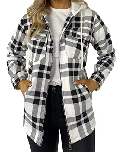 Image of RAIS Ladies Check Oversized Hooded Fleece Jacket Shacket Casual Winter Shirt (Black, 16)