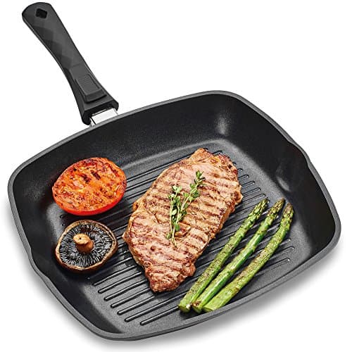 Image of Andrew James Griddle Pan for All Hobs, 28cm, Detachable Handle, Steak Skillet for Induction, Gas BBQs, Fire Pits & Camping Stoves, Oven-Proof Non-Stick Aluminium Frying, Grill Meat Fish & Veg