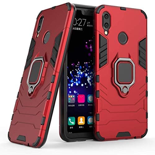 Image of LuluMain Compatible with Huawei P Smart+ Case, Metal Ring Grip Kickstand Shockproof Hard Bumper Shell (Works with Magnetic Car Mount) Dual Layer Rugged Cover for Huawei P Smart Plus, Nova 3i (Red)