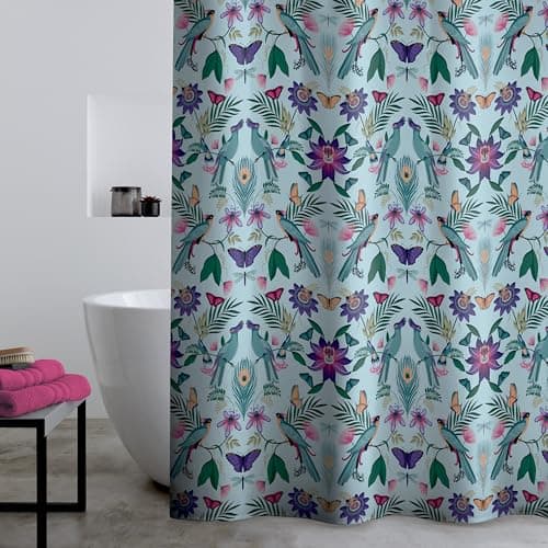 Image of Catherine Lansfield Mya Tropical Bird 180x180cm Shower Curtain Panel Duck egg Blue