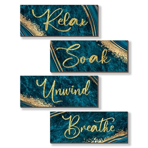Image of ONIZHITY 4 Pcs Teal and Gold Wall Decor - Relax, Soak, Unwind - Breathe Wooden Rustic Marble Style - Versatile Bathroom Accessories for Bedroom and Living Room Decor (Teal Gold 10X4)
