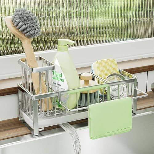 Image of SWTYMIKI Kitchen Sink Caddy Organiser - Sink Tidy Organiser with Auto Draining Tray, Brush Holder, Stainless Steel Sponge Holder with Divider for Countertop Kitchen Storage & Organisation, Silver