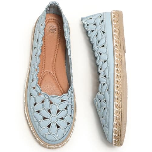 Image of HEAWISH Women’s Ballet Flat Daisy Round Toe Dress Shoes Casual Slip On Rope Loafer, Blue, 7.5 UK