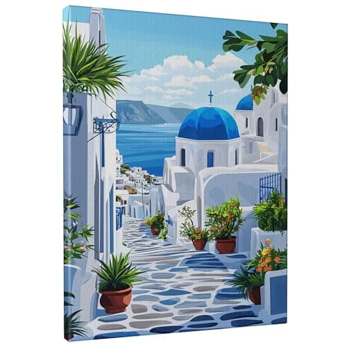 Image of Mediterranean Blue Dome Canvas Wall Art, White Blue Greek Church Prints, Coastal Wall Art Home Aesthetic Decor For Living Room, Bedroom, Kitchen, Unframed 16x20 Inch