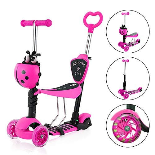 Image of Dripex 5-in-1 Kids Scooter Toddler Scooter with Flashing Led Light Up Wheels 3 Wheels Kick Scooter with Adjustable Handlebar Removable Seat and Push Handle (Pink)